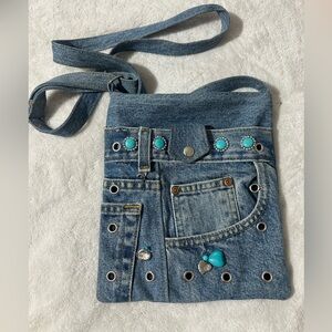 Denim BOHO Crossbody Bag with Turquoise Accents